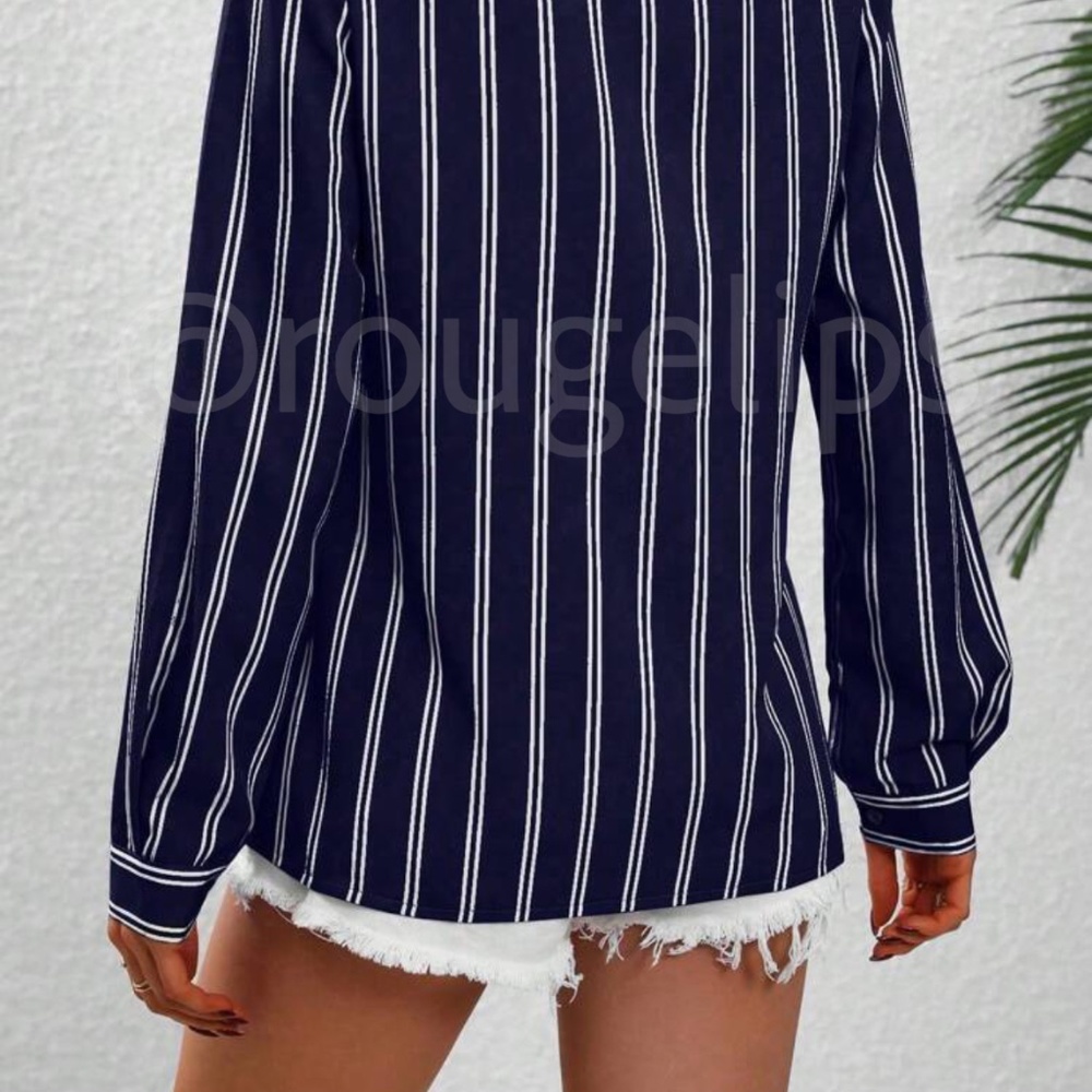 Navy Blue White Striped Shirt Button Up / Down Long Sleeve, Collar - Picture 7 of 12